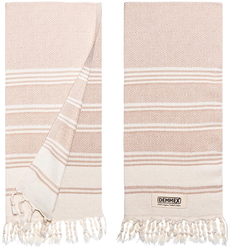 DEMMEX Organic Turkish Hand Towels for Bathroom  100 OekoTEX Certified Turkish Cotton Quick Dry Lightweight Kitchen  Travel Towels Diamond Weave Large 18x36 Inches Set of 2 Beige