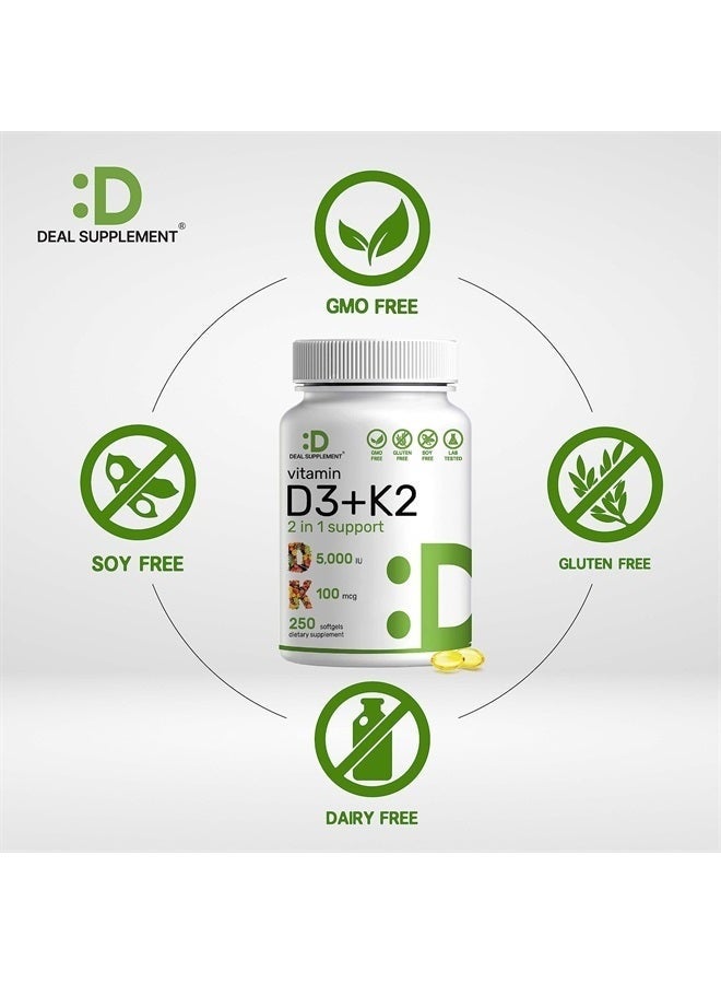 DEAL SUPPLEMENT Vitamin D3 K2 Softgels 5000 IU + MK7 – 2-in-1 Complex for Heart, Bone & Teeth Health | Easy to Swallow | 250 Softgels - Image 3