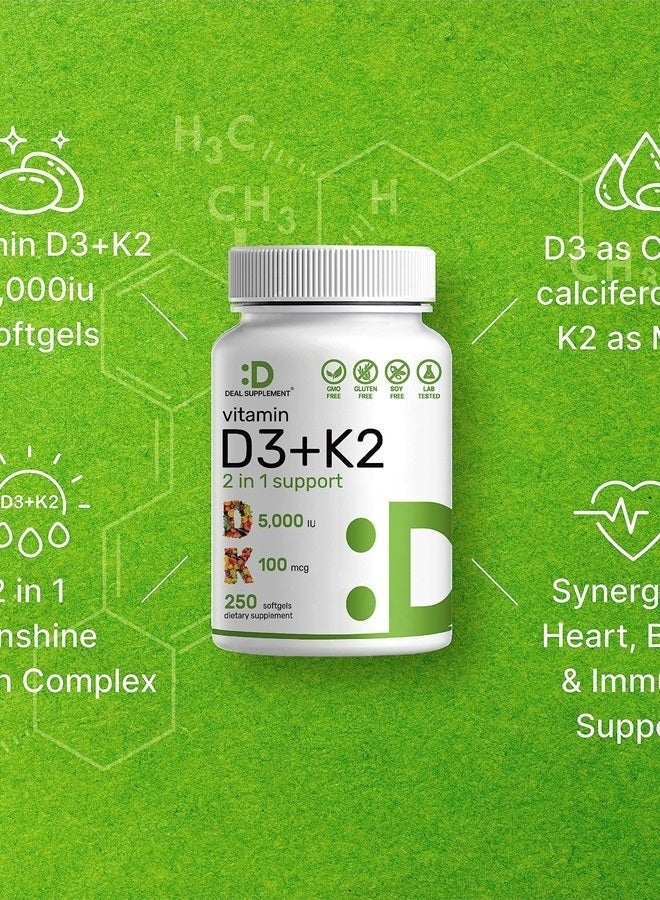 DEAL SUPPLEMENT Vitamin D3 K2 Softgels 5000 IU + MK7 – 2-in-1 Complex for Heart, Bone & Teeth Health | Easy to Swallow | 250 Softgels - Image 4