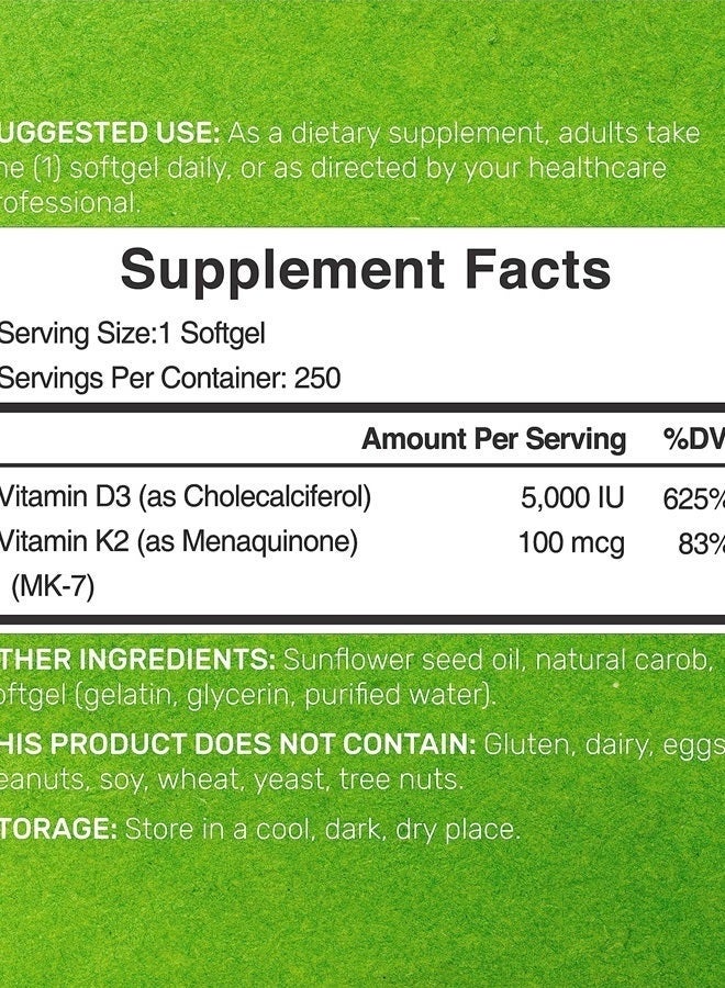 DEAL SUPPLEMENT Vitamin D3 K2 Softgels 5000 IU + MK7 – 2-in-1 Complex for Heart, Bone & Teeth Health | Easy to Swallow | 250 Softgels - Image 2