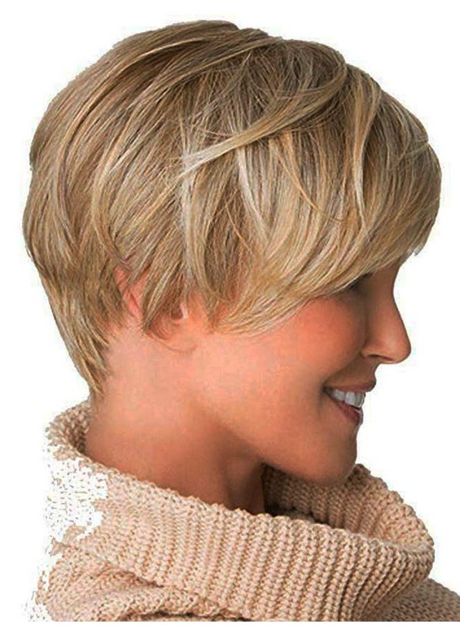 Royalfirst Royalfirst Short Blonde Wig with Bangs Pixie Cut Layered Wigs for Women Lady Synthetic Fiber Glueless Wigs Fluffy Natural Looking  - Image 2