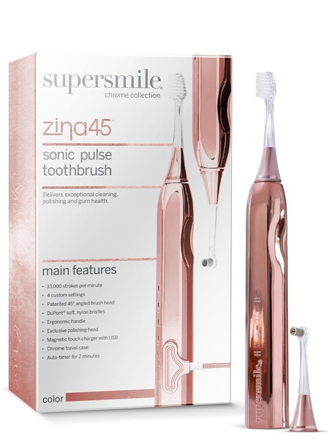 Supersmile فرشاة أسنان كهربائية زينا45 ديلوكس بالصوت مع شعيرات ناعمة بزاوية 45°، قابلة لإعادة الشحن عبر USB، فرشاة تبييض مع رأس تلميع وحقيبة سفر للبالغين والأطفال - Image 2