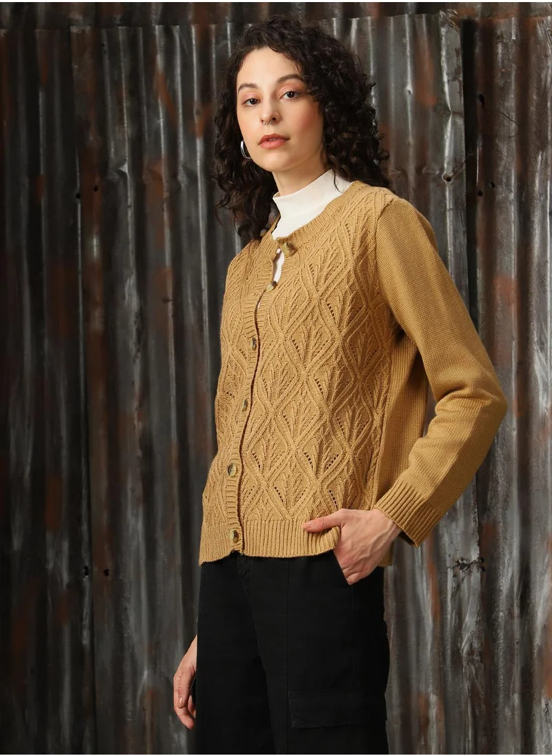 HIGH STAR Women's Beige 100% Acrylic Solid Button Down Full Length Casual Regular Fit Co-Ords