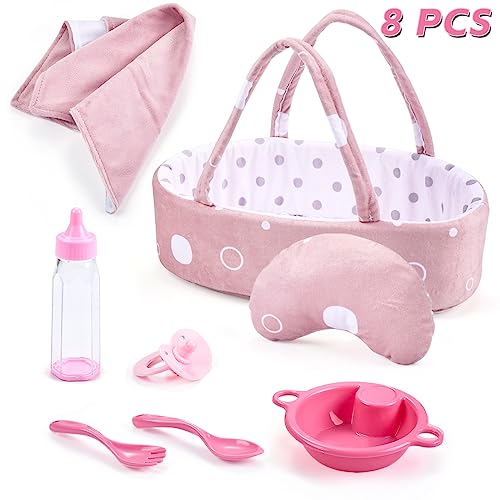 Enjoyin 8 Pcs Baby Doll Accessories Set Includes Feeding Bottle Pacifier Blanket Pillow Tablewares and Bassinet Carrier for 9 to 12 Dolls - Image 1