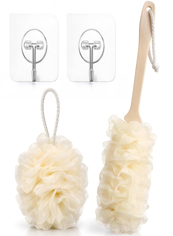 Suttmin 4 Pcs Back Scrubber Showers Set Bath Sponge Loofah Back Scrubber for Men Women Bathing Accessories Includes 1 Long Handled Shower Sponge 1 Bath Shower Luffa Pouf 2 Hooks to Hang Stuff - Image 1