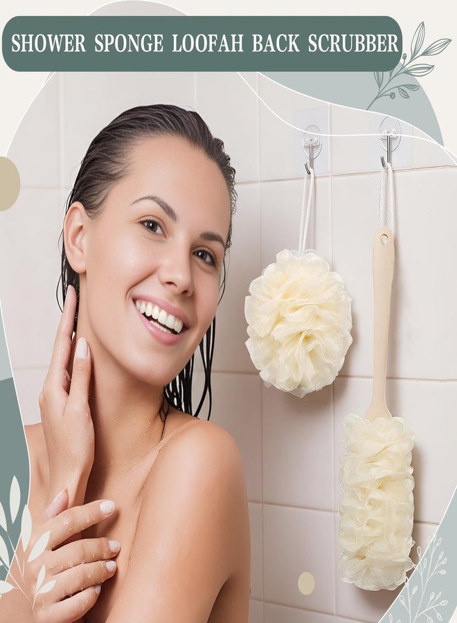 Suttmin 4 Pcs Back Scrubber Showers Set Bath Sponge Loofah Back Scrubber for Men Women Bathing Accessories Includes 1 Long Handled Shower Sponge 1 Bath Shower Luffa Pouf 2 Hooks to Hang Stuff - Image 5
