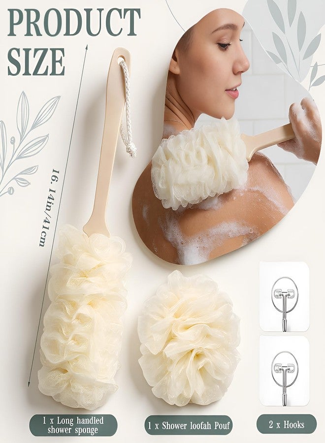 Suttmin 4 Pcs Back Scrubber Showers Set Bath Sponge Loofah Back Scrubber for Men Women Bathing Accessories Includes 1 Long Handled Shower Sponge 1 Bath Shower Luffa Pouf 2 Hooks to Hang Stuff - Image 2