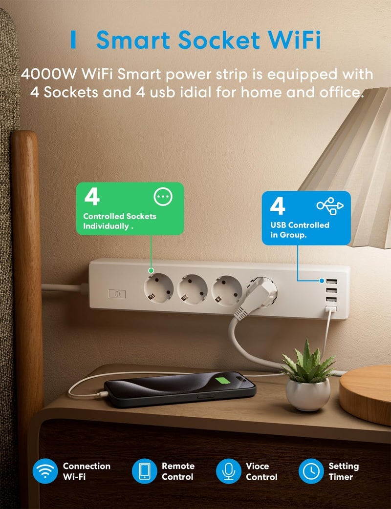 meross WiFi Power Strip Surge Protection, 4-Way Smart Multiple Socket, Wall Mounted with 4 USB, Compatible with HomeKit, Alexa and Google Home, Timer, Voice Control and - Image 4
