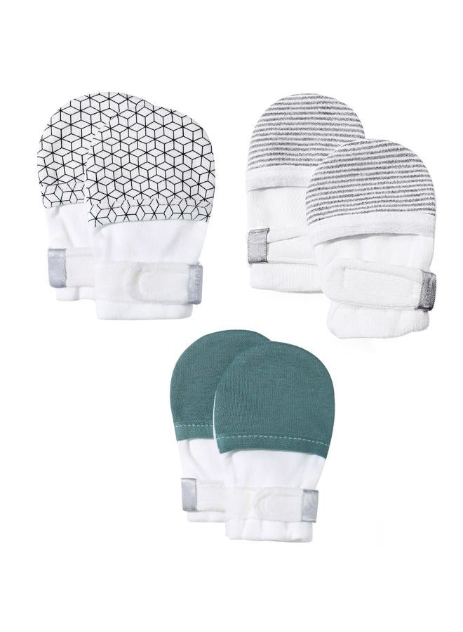 HAPIU Baby No Scratch Mittens Stay On, 100% Cotton Breathable, Adjustable Infant Gloves for Boys Girls, Newborn - 12 M, Geometry&grey Stripe&emerald, 6-12 Months - Image 1