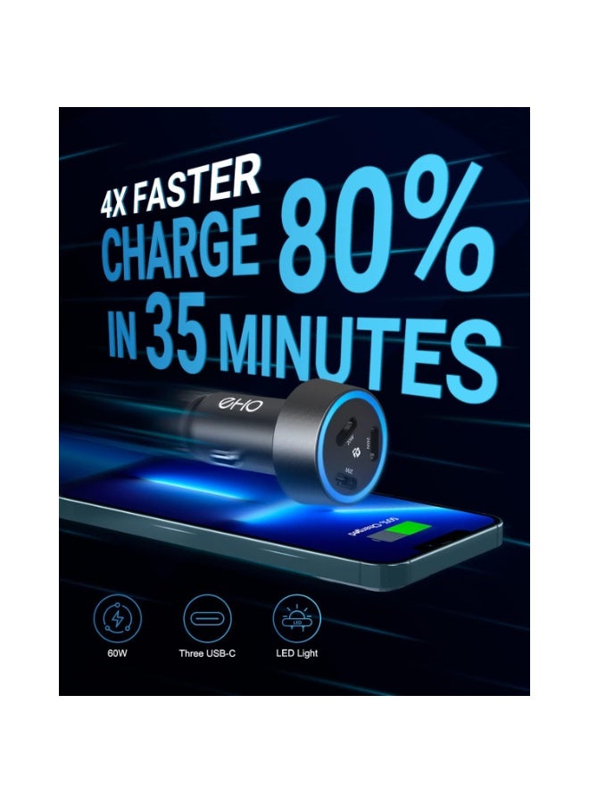 EHO شاحن سيارة USB-C ثلاثي المنافذ بقوة 60 واط - محول معدني صغير للشحن السريع بتقنية PD 3.0 (20 واط لكل منفذ) لأجهزة iPhone وSamsung وiPad - Image 4