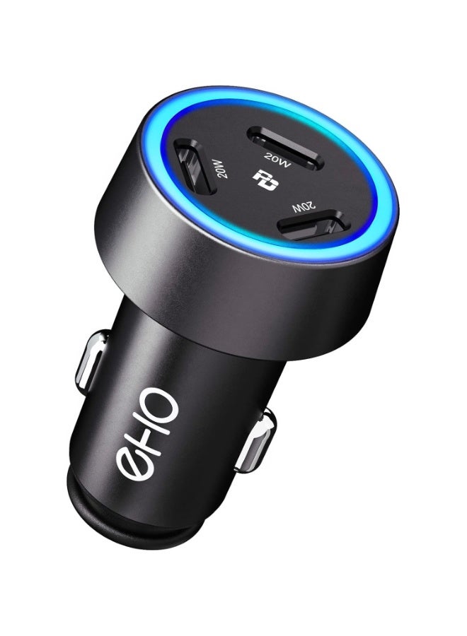 EHO شاحن سيارة USB-C ثلاثي المنافذ بقوة 60 واط - محول معدني صغير للشحن السريع بتقنية PD 3.0 (20 واط لكل منفذ) لأجهزة iPhone وSamsung وiPad - Image 1