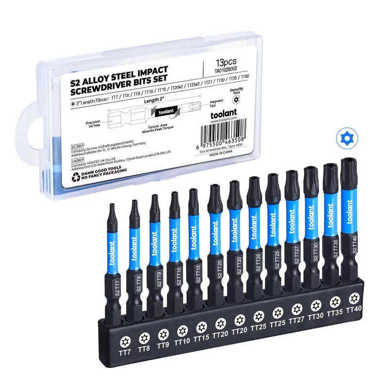 toolant 2 Impact Torx Bit Set 13pcs TT7TT40 14 HexShank S2 Steel Star Bit Set CNC Machined Tips with Magnetism 2 Long with Storage Box