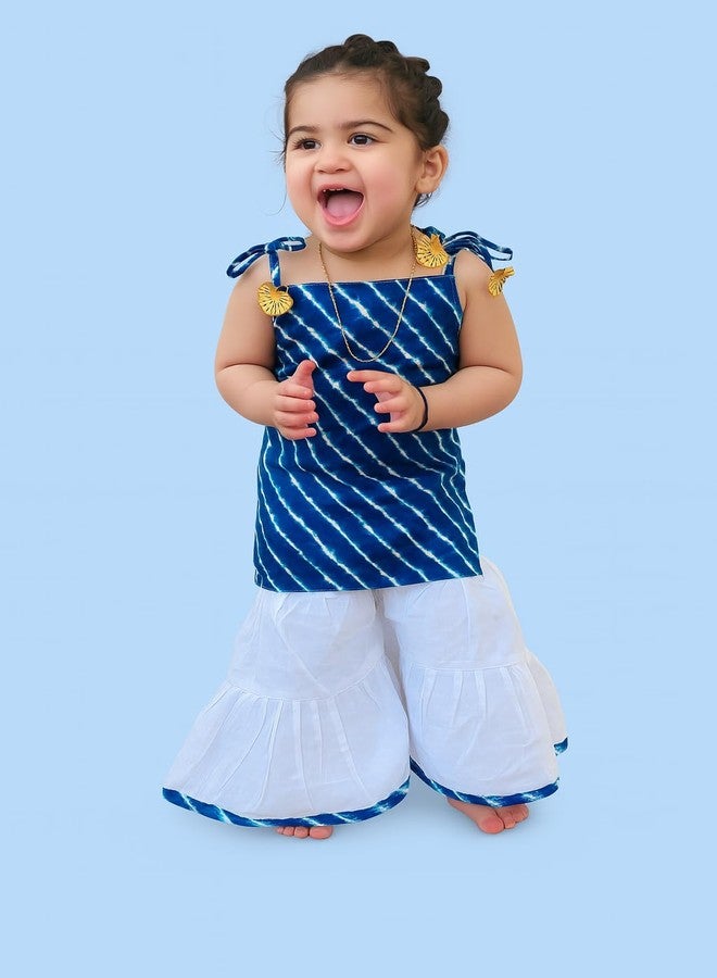 VeraA Sleeveless Leheriya Kurti and White Sharara Set for Girls - Cotton Ethnic Dress with Sharara Pant & Tassel Straps | Perfect for Pooja, and Weddings (Blue, 2 to 3 Years) - Image 4