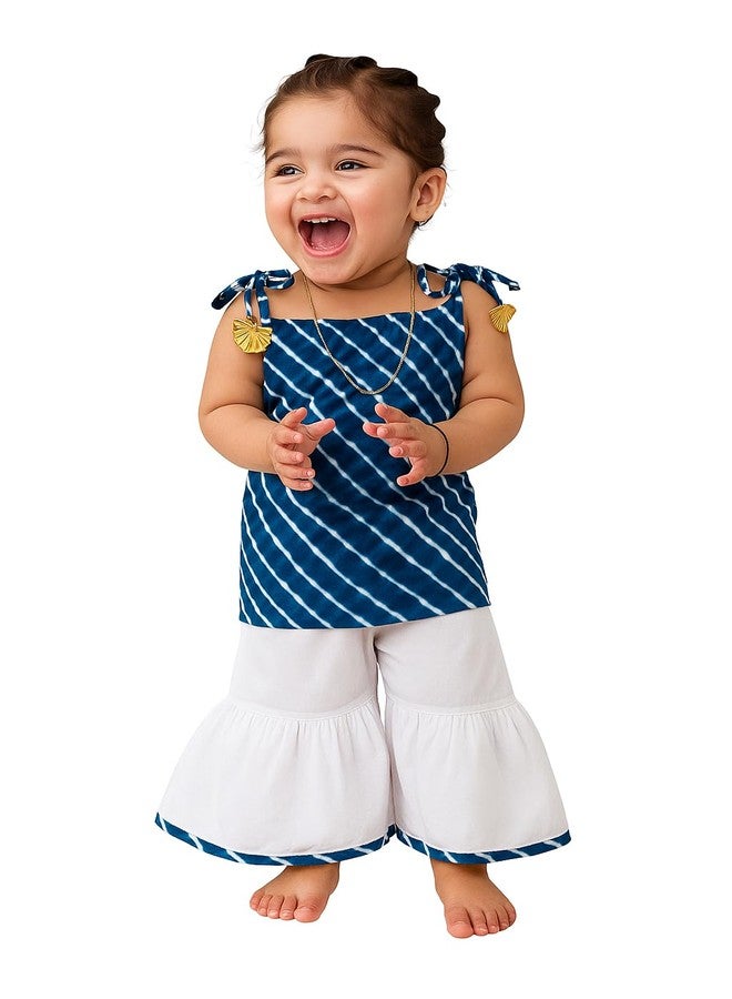VeraA Sleeveless Leheriya Kurti and White Sharara Set for Girls - Cotton Ethnic Dress with Sharara Pant & Tassel Straps | Perfect for Pooja, and Weddings (Blue, 2 to 3 Years) - Image 1