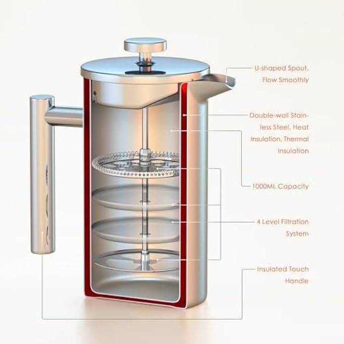 Enfmay Cafetire 8 Cups French Press Coffee Maker 1000Ml 3 Level Filter DoubleWalled Insulated Stainless Steel French Press Caffettiere For Home And Office Extra 1Filter And 2In1 Clip Spoon - Image 5
