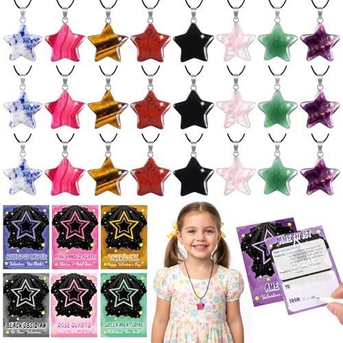 Kigeli Valentines Day Gifts for Kids 24 Pack Heart Gemstone Necklace Kit Natural Crystal Pendants DIY Jewelry Set for School Classroom Exchange Goodie Bags Valentine Party FavorsDynamic - Image 1