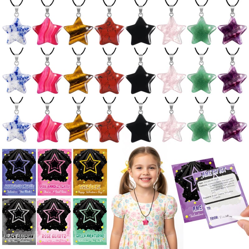 Kigeli Valentines Day Gifts for Kids 24 Pack Heart Gemstone Necklace Kit Natural Crystal Pendants DIY Jewelry Set for School Classroom Exchange Goodie Bags Valentine Party FavorsDynamic - Image 3