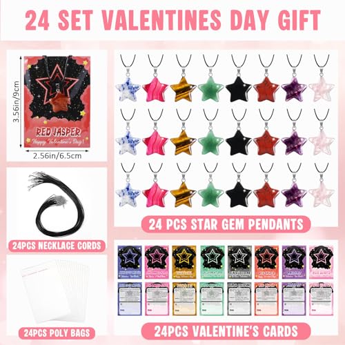 Kigeli Valentines Day Gifts for Kids 24 Pack Heart Gemstone Necklace Kit Natural Crystal Pendants DIY Jewelry Set for School Classroom Exchange Goodie Bags Valentine Party FavorsDynamic - Image 5