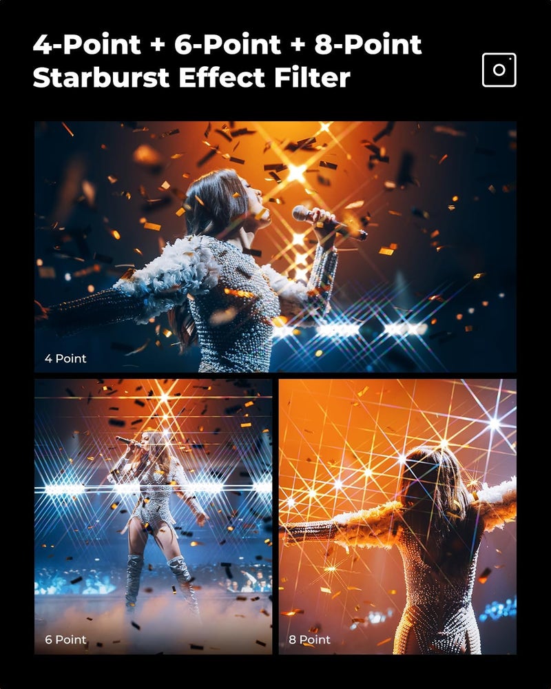 Nano-Klear 3PCS 72mm Star Filters, 4 + 6 + 8 Points Star Filter, Optical Glass Glitter Effect Filter with 3pcs Cloths - Image 5