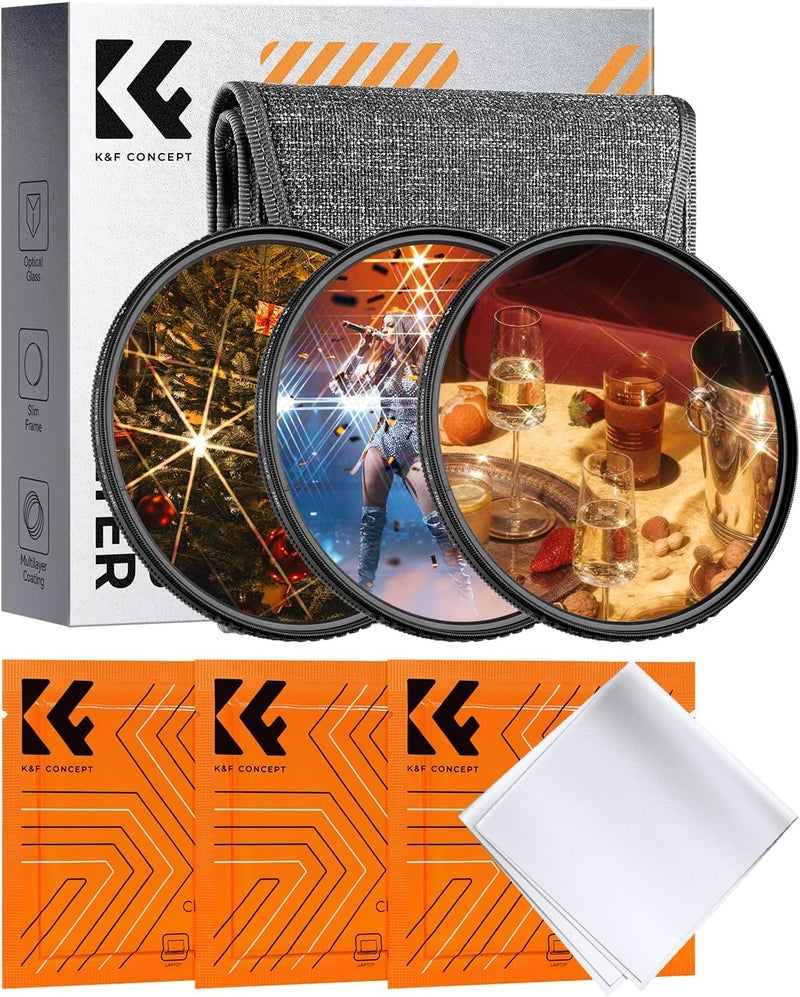 Nano-Klear 3PCS 72mm Star Filters, 4 + 6 + 8 Points Star Filter, Optical Glass Glitter Effect Filter with 3pcs Cloths - Image 1