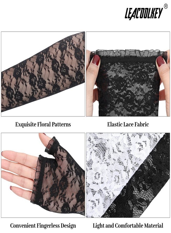 LEACOOLKEY Women Long Lace Gloves Black Fingerless Lace Floral Gloves for Cosplay Halloween Elbow Length - Image 5
