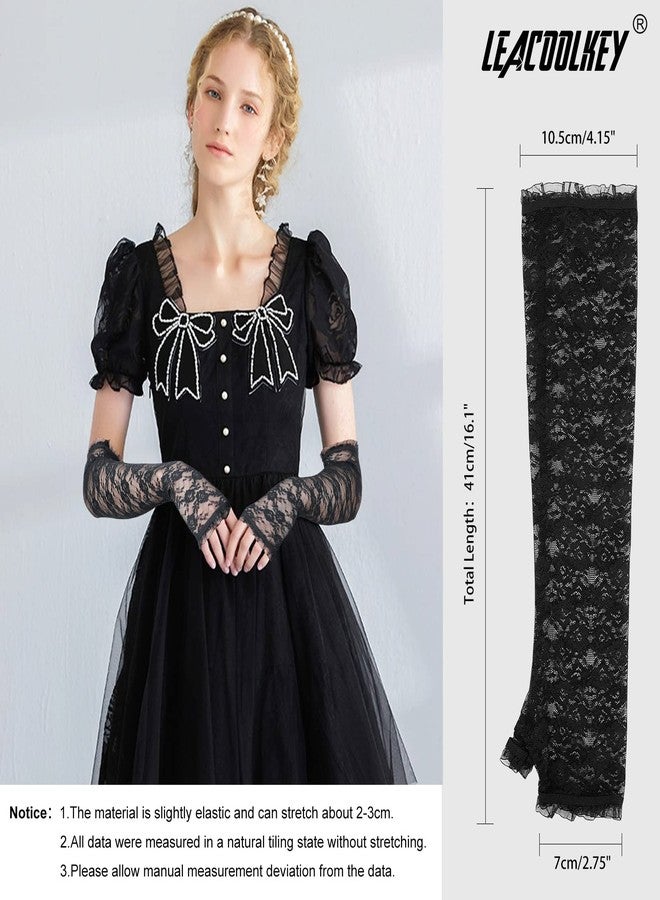 LEACOOLKEY Women Long Lace Gloves Black Fingerless Lace Floral Gloves for Cosplay Halloween Elbow Length - Image 3