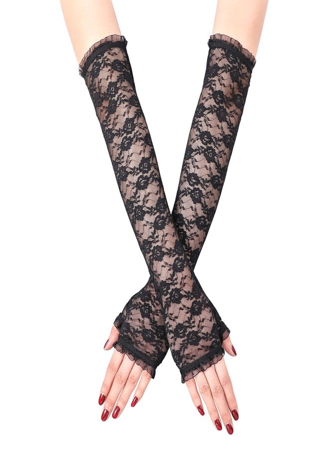 LEACOOLKEY Women Long Lace Gloves Black Fingerless Lace Floral Gloves for Cosplay Halloween Elbow Length - Image 1