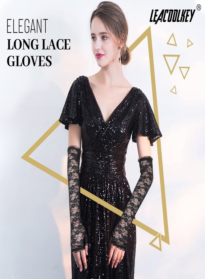 LEACOOLKEY Women Long Lace Gloves Black Fingerless Lace Floral Gloves for Cosplay Halloween Elbow Length - Image 2