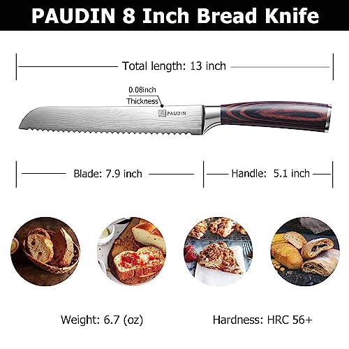 PAUDIN Bread Knife 8", Ultra Sharp Knife Wave Edge - Forged Premium German HC Stainless Steel, Serrated Bread Knife for Homemade Bread and Sourdough Bread, Pakkawood Handle - Image 2