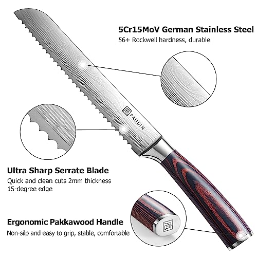PAUDIN Bread Knife 8", Ultra Sharp Knife Wave Edge - Forged Premium German HC Stainless Steel, Serrated Bread Knife for Homemade Bread and Sourdough Bread, Pakkawood Handle - Image 3