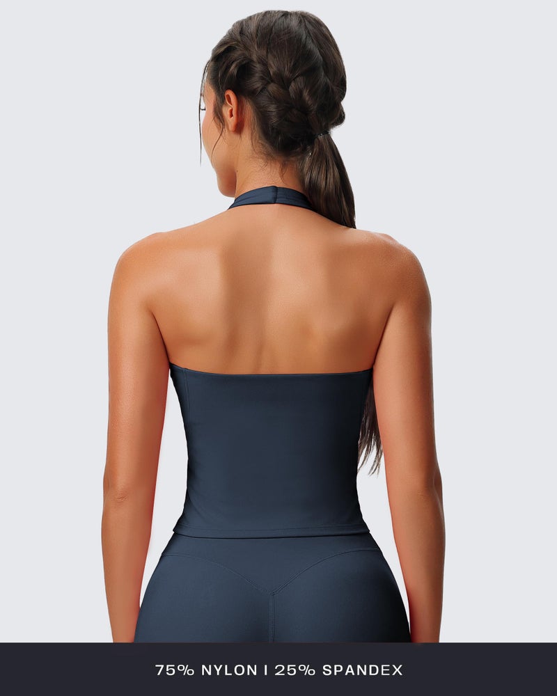 Aoxjox Women's Sleeveless Hailey Halter Tank Tops Workout Athletics Gym Yoga Curve Longline Crop Top (Blueberry, Large) - Image 3