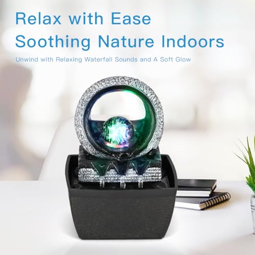 Hebafri Tabletop Water Fountains 3 Gears Desktop Fountain Indoor with Led Rolling Ball Table Top Small Water Feature Interior Zen Relaxation Decor for Home Bedroom Living Room Office Apartment - Image 3