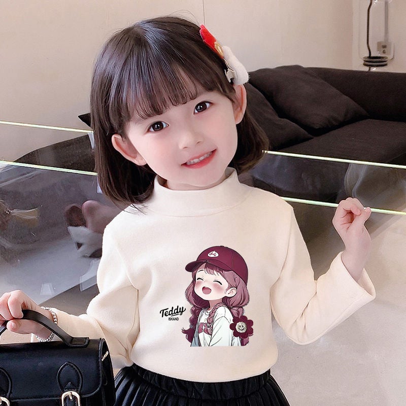 Girls' Semi-High Collar Velvet Casual Long-Sleeved T-Shirt Autumn New Arrival Medium And Large Children'S Wear Cartoon Printed Western Style Girls' Trendy T-Shirt - Image 1