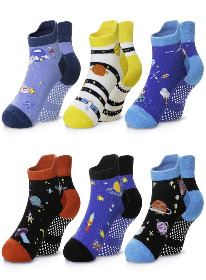 Eyean Kids Ankle Cotton Socks Cute Animal Pattern Soft Non Slip Boys Girls No Show Socks 6 Pairs (Non Slip-Space, 3-5 Years) - Image 1