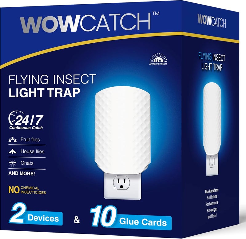 WowCatch Flying Insect Trap for Indoors, Plug-in Fly Trap Bug Catcher for Gnats, Fruit Flies & House Flies, Upgraded Blue UV Light Trap with Sticky Cards, Silent & Mess-Free, 2 Devices + 10 Refills - Image 1