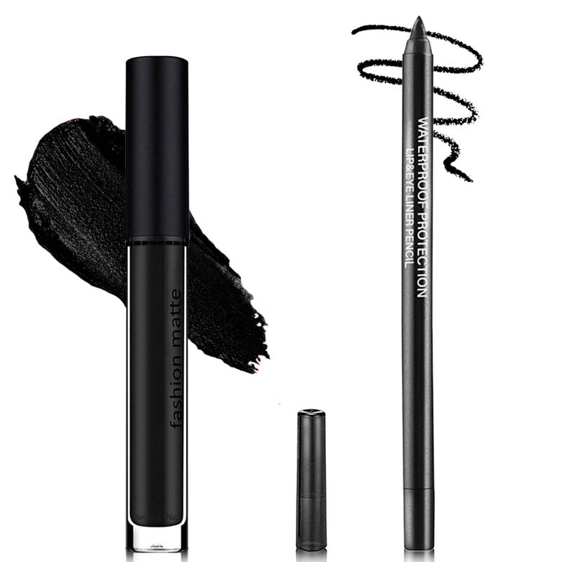 LZYLLS Black Lip Liner and Lipstick Set 2 PCSHigh Pigmented Long Lasting Matte Black Liquid Lipstick for WomenWaterproof Black Lip Gloss  NonStick Cup Lipgloss Gothic Halloween Makeup