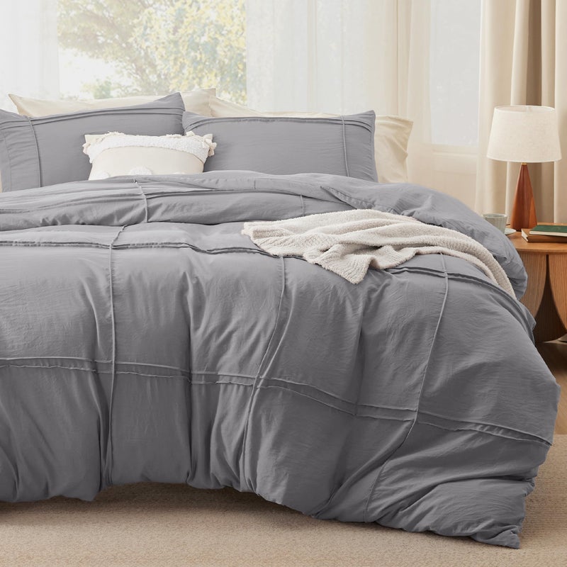 Bedsure Grid Boho 3 Pcs Duvet Cover Set King Size, Shabby Chic Tufted Boho Bedding Set, Includes 1 King Duvet Cover (265 cm x 230 cm) & 2 Pillowcases (50 cm x  90 cm), Dark Grey - Image 1