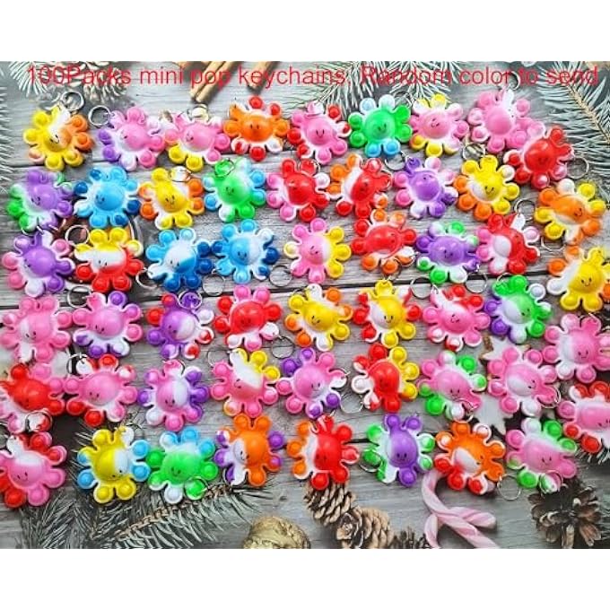 Goodangie00 100 Packs Rainbow Students Gifts Bulk Colorful Octopus Mini Pop Backpack Keychains for Kindergarten Christmas Party Favors, Small Sensory Bubble Classroom Prize - Image 2