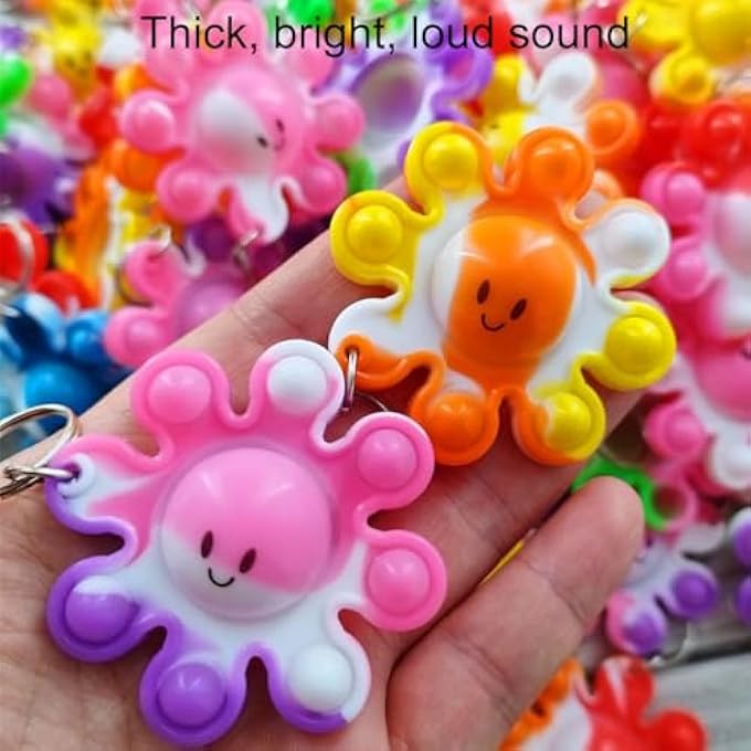 Goodangie00 100 Packs Rainbow Students Gifts Bulk Colorful Octopus Mini Pop Backpack Keychains for Kindergarten Christmas Party Favors, Small Sensory Bubble Classroom Prize - Image 3