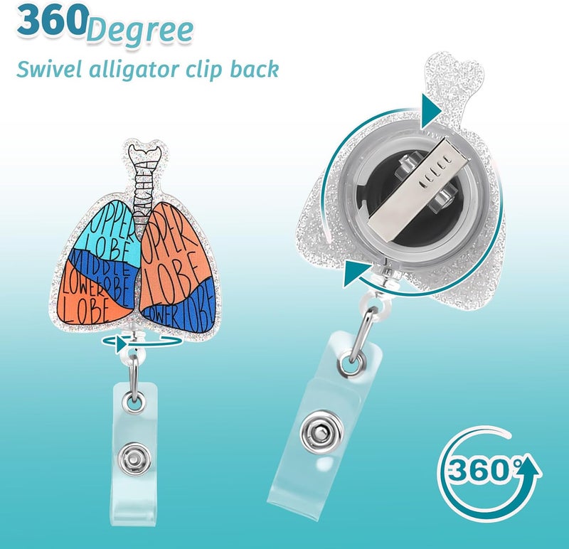 Dimeho Badge Reel Holder Retractable Medical Student ID Clip Glitter Cute Nursing Name Tag Holder Bling Nurse Badge Alligator Clip for Doctor Medical Assistant Clinic Office (Hand Drawn Lungs) - Image 4