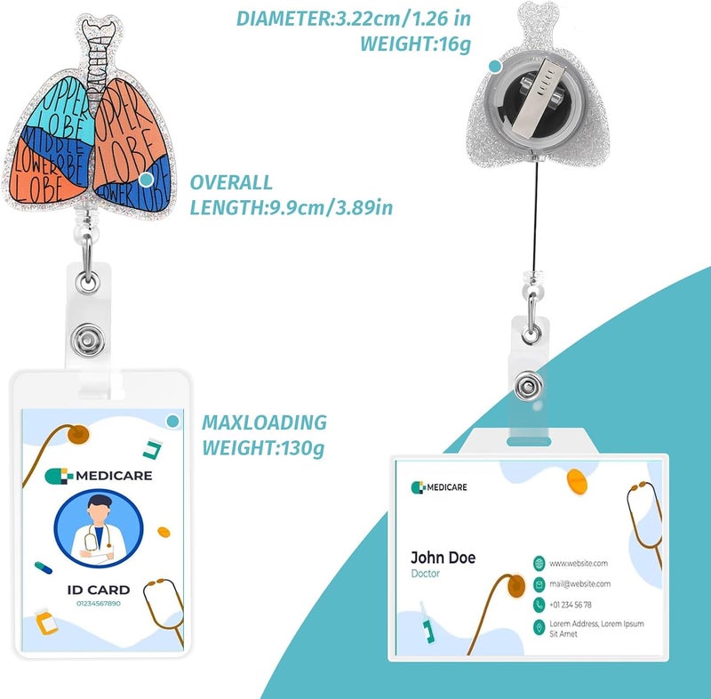 Dimeho Badge Reel Holder Retractable Medical Student ID Clip Glitter Cute Nursing Name Tag Holder Bling Nurse Badge Alligator Clip for Doctor Medical Assistant Clinic Office (Hand Drawn Lungs) - Image 3