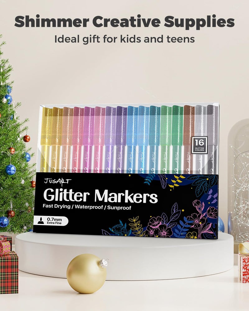 JusArt 32 Colors Glitter Markers, Glitter Paint Pens Sparkly and Shiny for DIY Card Making, Coloring, Scrapbooking, Glass, Wood, Stone, Fabric, Rock - 0.7mm Extra Fine Acrylic Paint Markers - Image 2