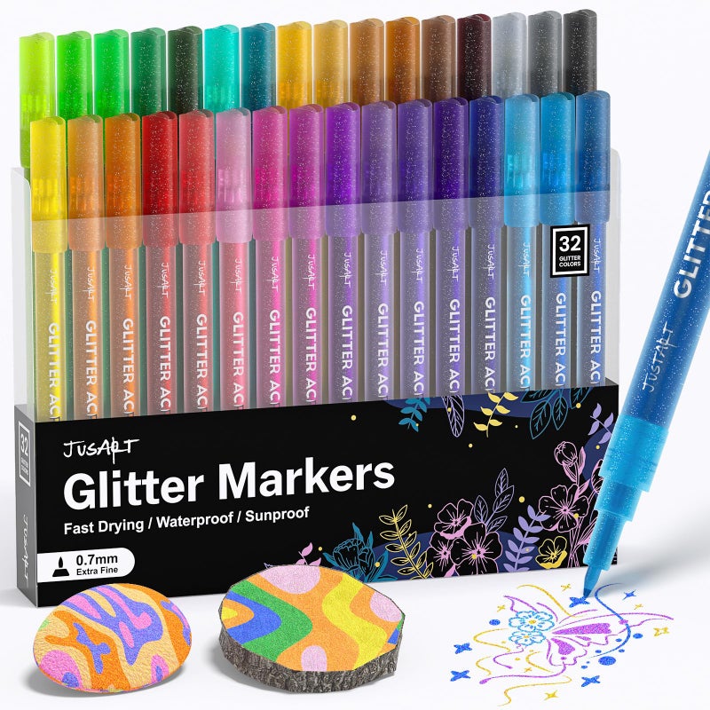 JusArt 32 Colors Glitter Markers, Glitter Paint Pens Sparkly and Shiny for DIY Card Making, Coloring, Scrapbooking, Glass, Wood, Stone, Fabric, Rock - 0.7mm Extra Fine Acrylic Paint Markers - Image 1