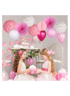 Excefore Donut Birthday Party Decorations 9Pcs Donut Party Supplies Donut Lanterns Party Paper Fan Honeycomb Ball Hanging Paper Lanterns for Baby Shower Kids Birthday Party Ice Cream Party Decorations (Pink)  - Image 2