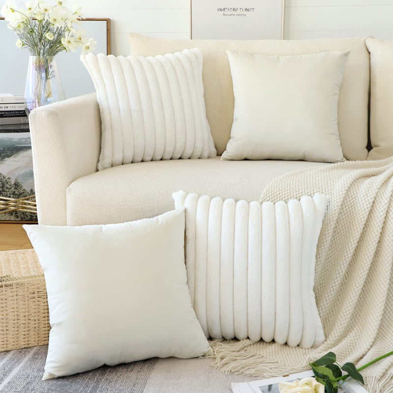 JOTOM Set of 4 Faux Fur Plush Cushion Covers Decorative Throw Pillow Covers Striped Soft Fuzzy Pillowcase Cozy Velvet Square Pillow Covers for Couch Sofa Bedroom Home Car Decor 45x45 cm Cream