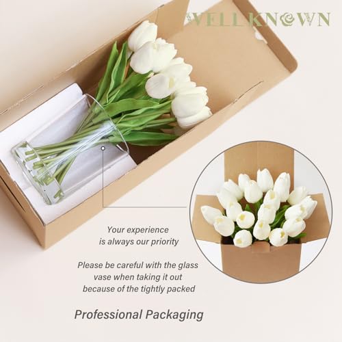 WELL KNOWN 20 Pcs White Tulips Artificial Flowers in Vase, Fake Flowers in Glass Vase, Real Touch Fake Tulips Artificial Flowers in vase with Faux Water for Home Decoration, Dining Table - Image 5