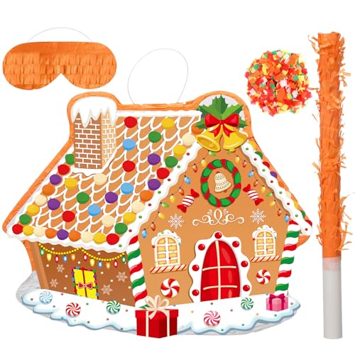 Harrycle Christmas Gingerbread House Theme Piata 16 Inch Mexican Piata with Stick Blindfold Christmas Piatas Bundle for Xmas Birthday Holiday Game Favor Photo Prop - Image 1