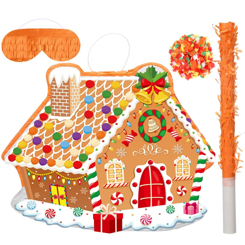 Harrycle Christmas Gingerbread House Theme Piata 16 Inch Mexican Piata with Stick Blindfold Christmas Piatas Bundle for Xmas Birthday Holiday Game Favor Photo Prop - Image 2