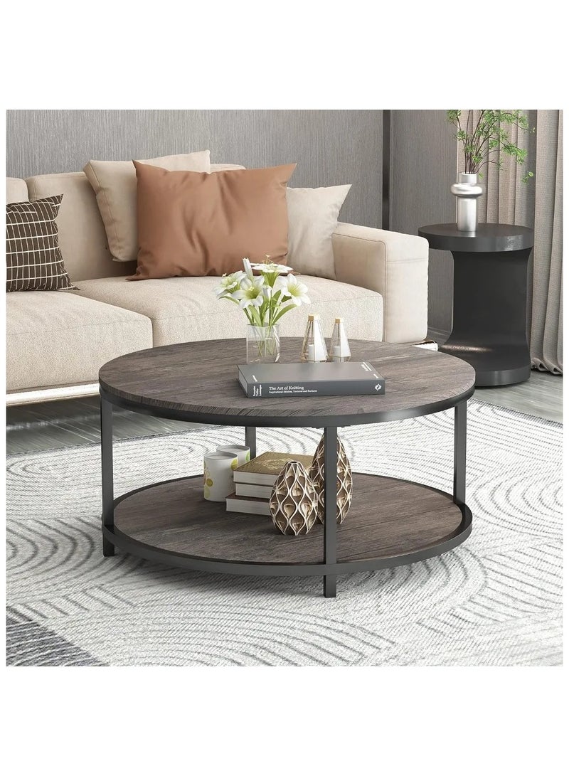 AGD Round Coffee Table,Coffee Table for Living Room,2-Tier Rustic Wood Desktop & Sturdy Metal Legs Table Modern Design Home Furniture with Storage Shelf Iron Coffee Table - Image 2