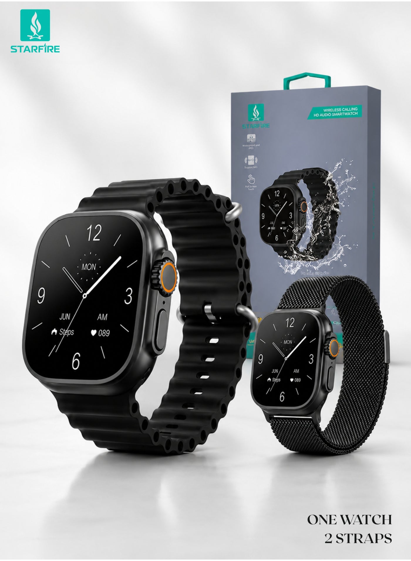 Starfire Bluetooth Calling Smart Watch 2.01 Inch Full Touch Smart Watch, 320x385 HD Display 550 Nits Brightness, Wireless Charging, IP65 Water Resistant, Metal Midframe, Black